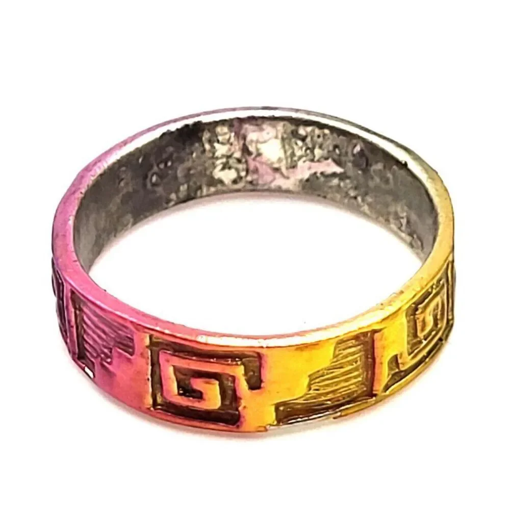 Rainbow Plated Sterling Silver Ring Geometric Art Deco Design Size 7.25